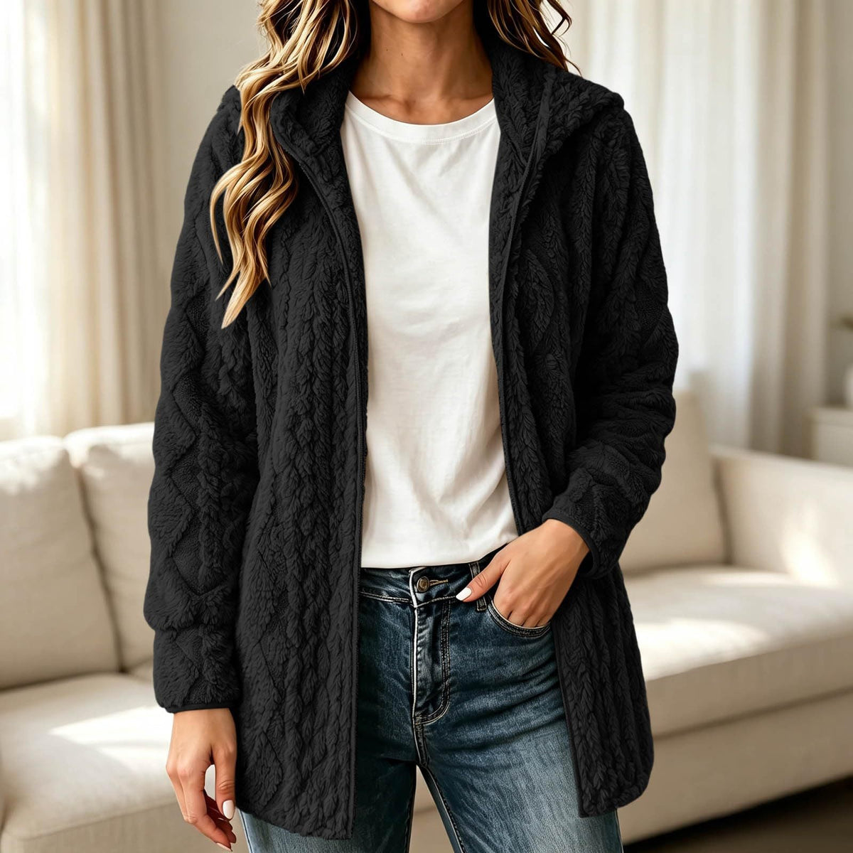 💥New & Trending 🧥 Women's Casual Plush Hooded Cardigan Coat ✨ plush fabric, hooded design, open front casual outerwear