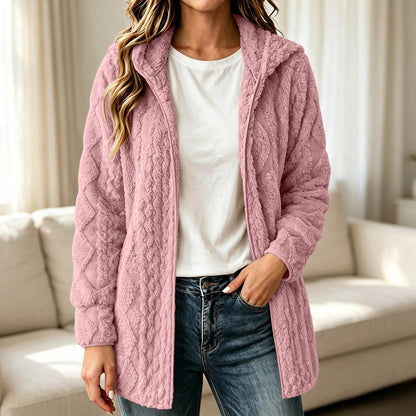 💥New & Trending 🧥 Women's Casual Plush Hooded Cardigan Coat ✨ plush fabric, hooded design, open front casual outerwear