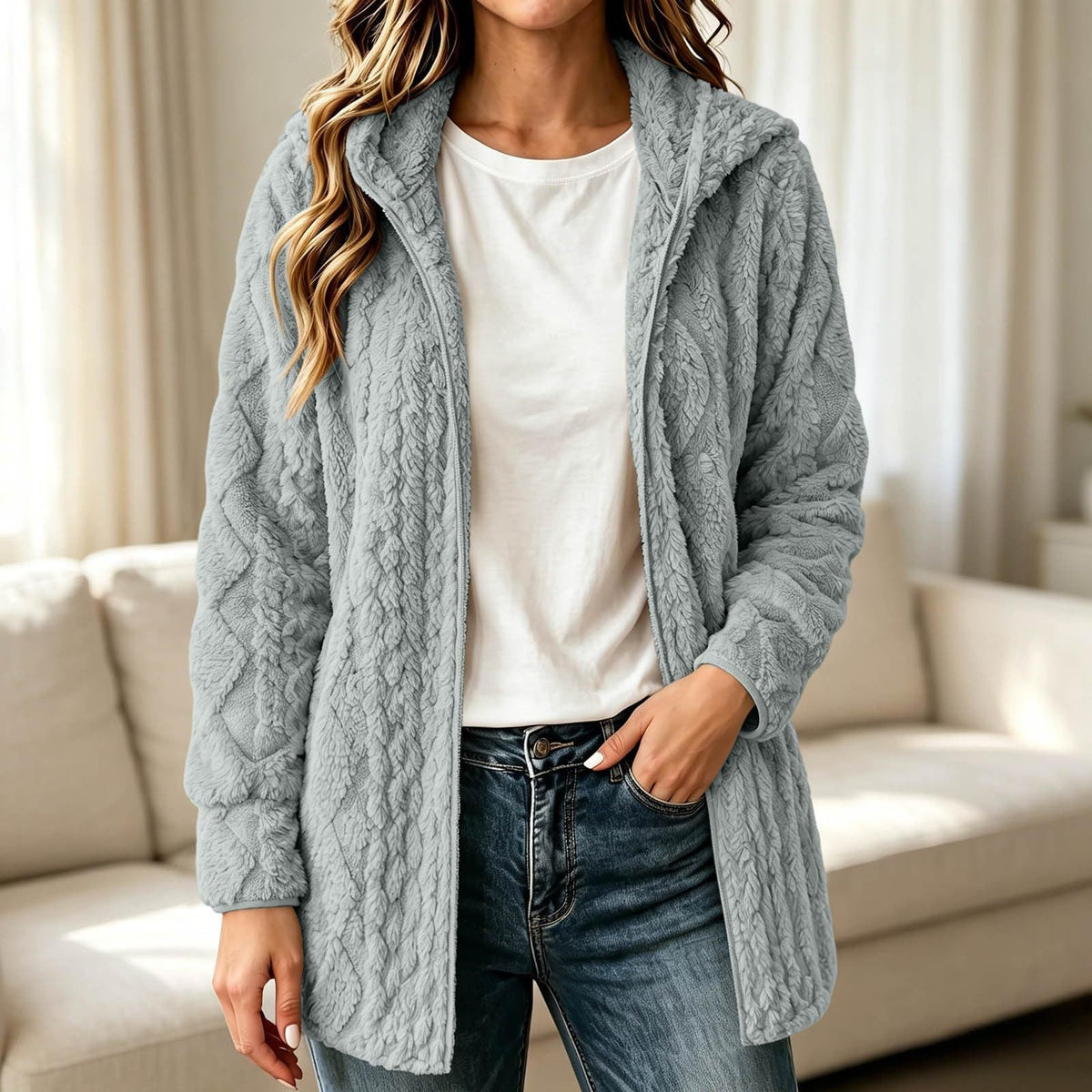 💥New & Trending 🧥 Women's Casual Plush Hooded Cardigan Coat ✨ plush fabric, hooded design, open front casual outerwear
