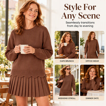 🌸Hot Sale 50% OFF👗 Women's Scallop Hem Sweater and Pleated Skirt Set